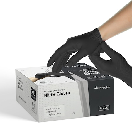 Fifthpulse FMN100, Disposable Gloves, 3 mil Palm, Nitrile, Powder-Free, XL, 50 PK, Black FP-N-50-XL-BLK
